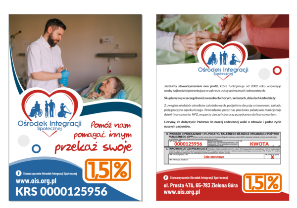 Dwa plakaty z informacjami oraz przykładem przekazania 1,5% podatku.