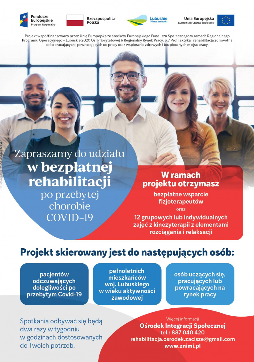 plakat promujący do udziału w bezpłatnej rehabilitacji po przebytej chorobie COVID-19