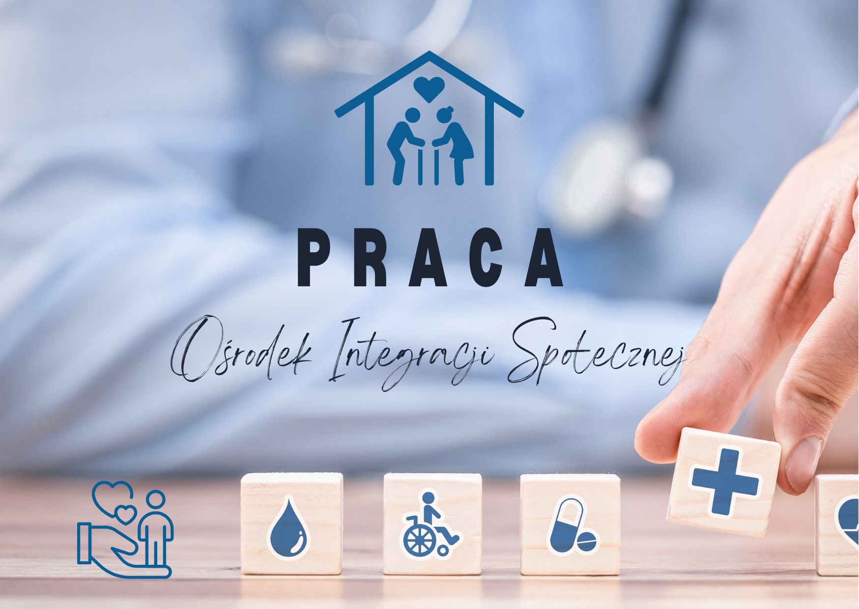 plakat o pracy do ogłoszenia z ikonami sugerującymi opiekę medyczną